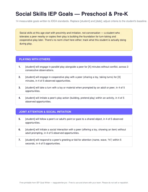 Preview of Social Skills Goals — Preschool & Pre-K