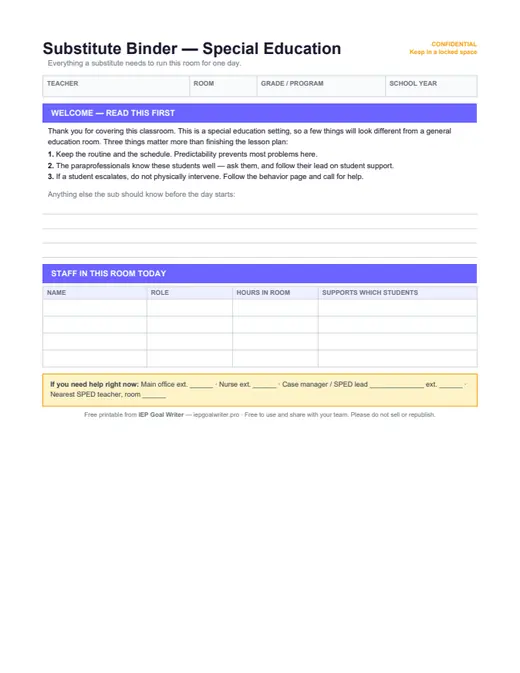 Preview of SPED Substitute Binder — editable Word