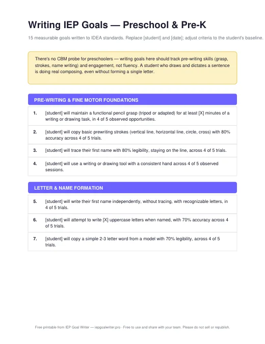 Preview of Writing Goals — Preschool & Pre-K